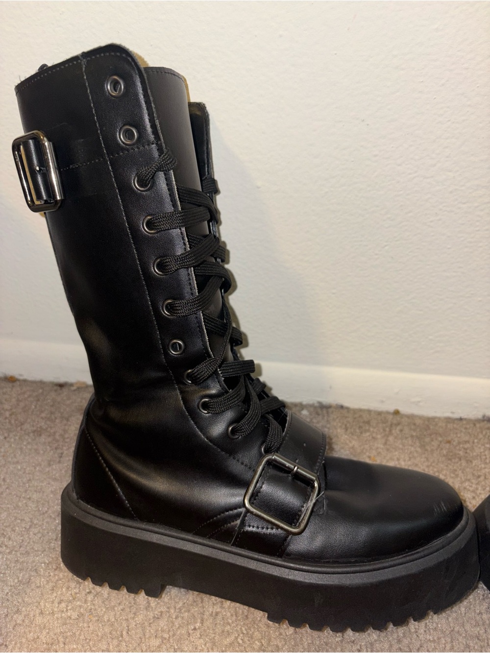 Black Lace-Up Platform Combat Boots with Buckles